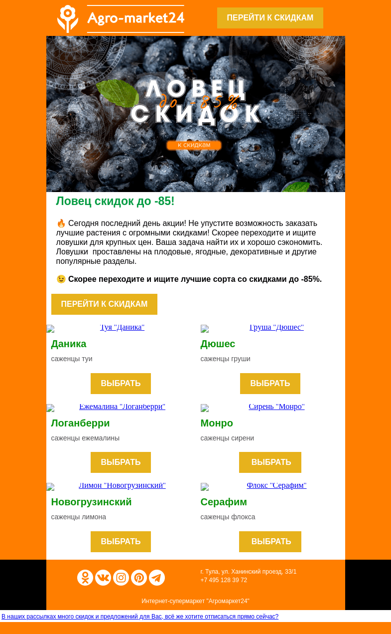 Письмо компании «Agromarket24» на тему «😱🔥 Последний день акции! До -85% на все растения.»