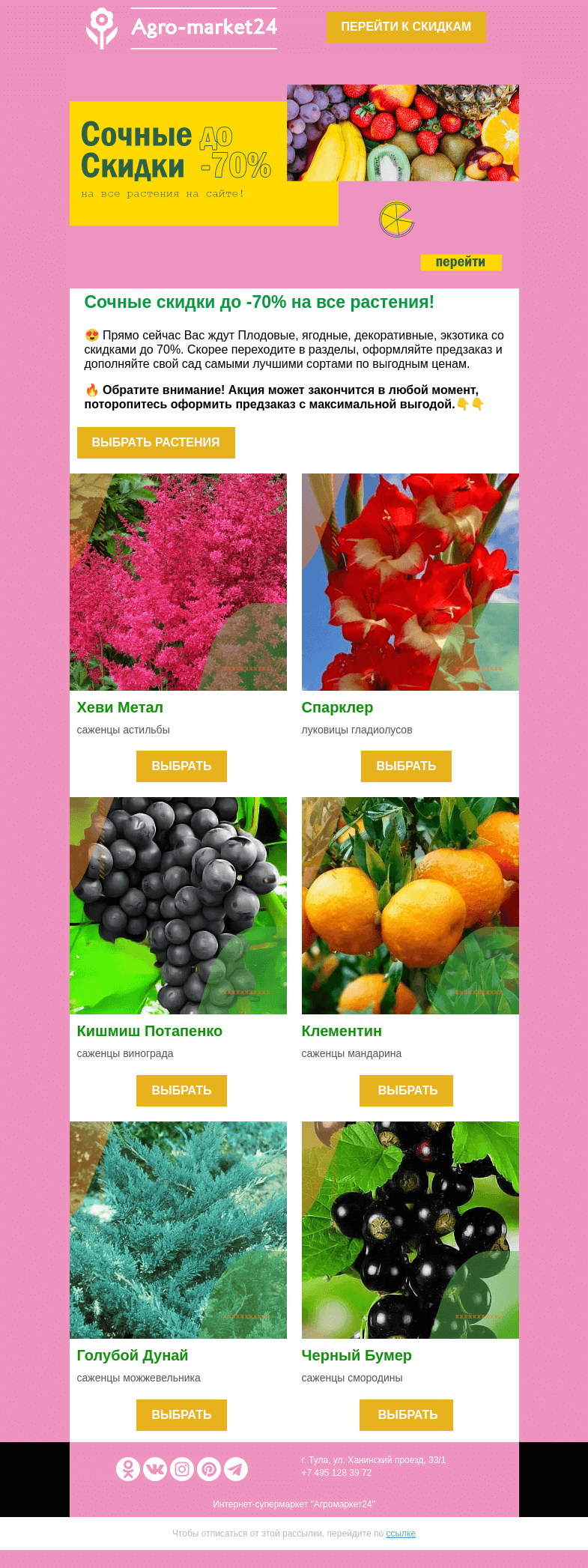 Письмо компании «Agromarket24» на тему «🔥😱 До -70% на все растения! Переходите и оформляйте предзаказ.»