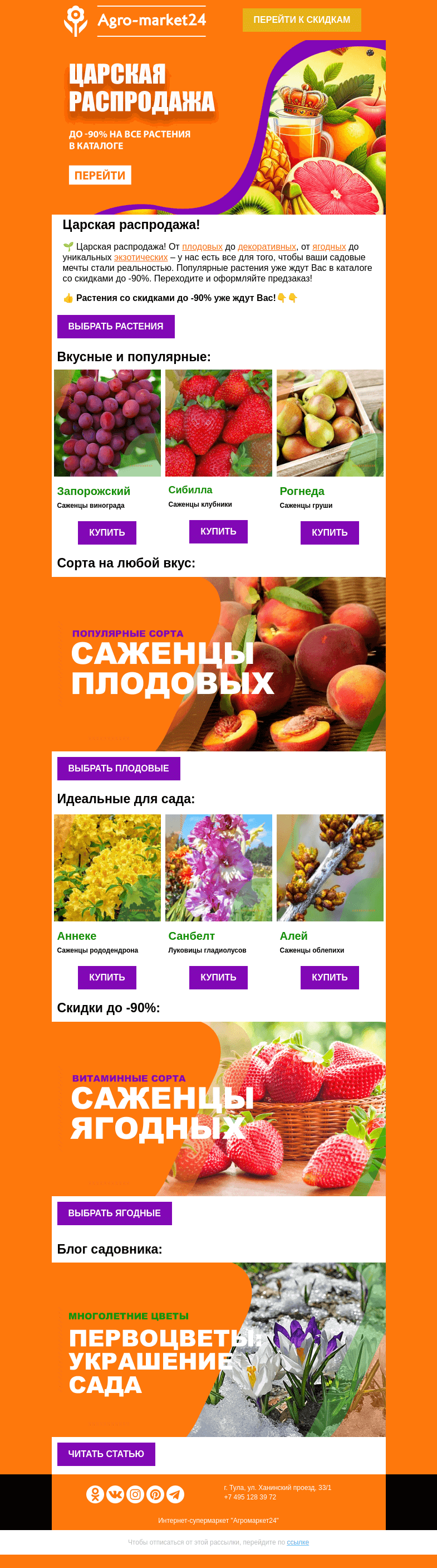 Письмо компании «Agromarket24» на тему «👑🌱 Царская распродажа! До -90% на все растения в каталоге.»