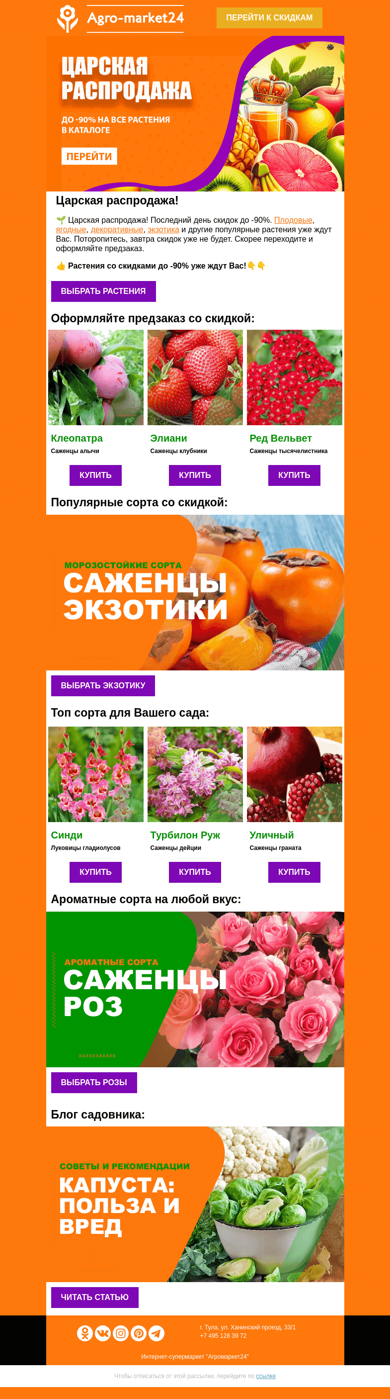 Письмо компании «Agromarket24» на тему «👑🔥 Последний день акции! До -90% на все растения в каталоге.»