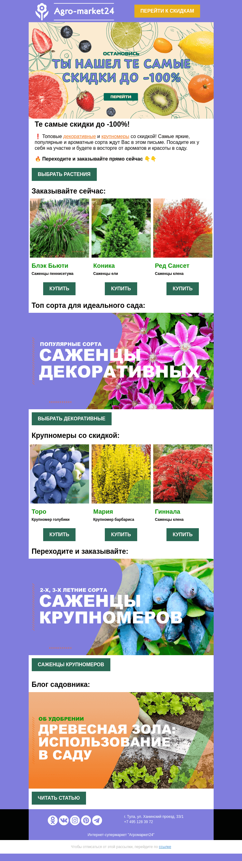 Письмо компании «Agromarket24» на тему «🔥🌱 Декоративные и крупномеры со скидкой! Переходите и заказывайте.»