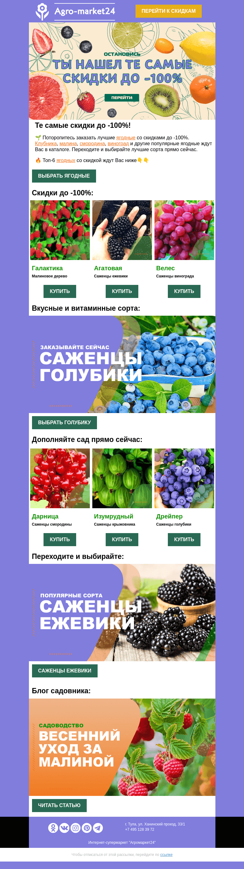 Письмо компании «Agromarket24» на тему «🍓🌱 До -100% на саженцы ягодных! Переходите и заказывайте.»