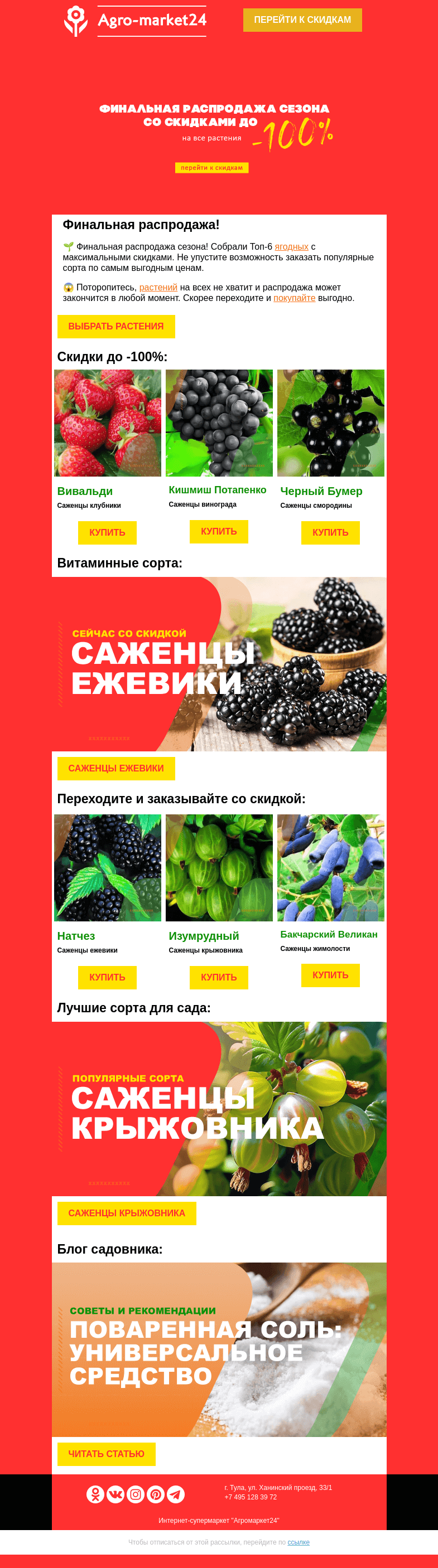 Письмо компании «Agromarket24» на тему «😱🔥 Финальная распродажа! Топ-6 ягодных со скидкой до -100% в письме.»