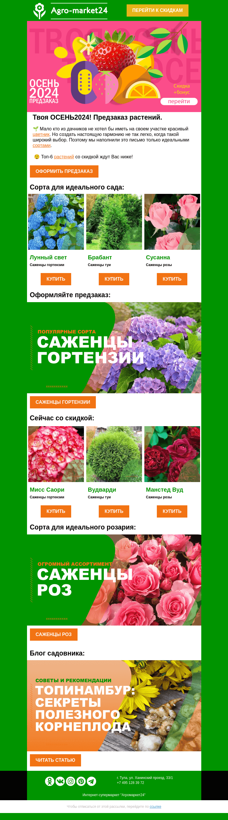Письмо компании «Agromarket24» на тему «🌱🔥 Твоя ОСЕНЬ2024! Розы, гортензии и туи со скидкой в письме.👉👉»