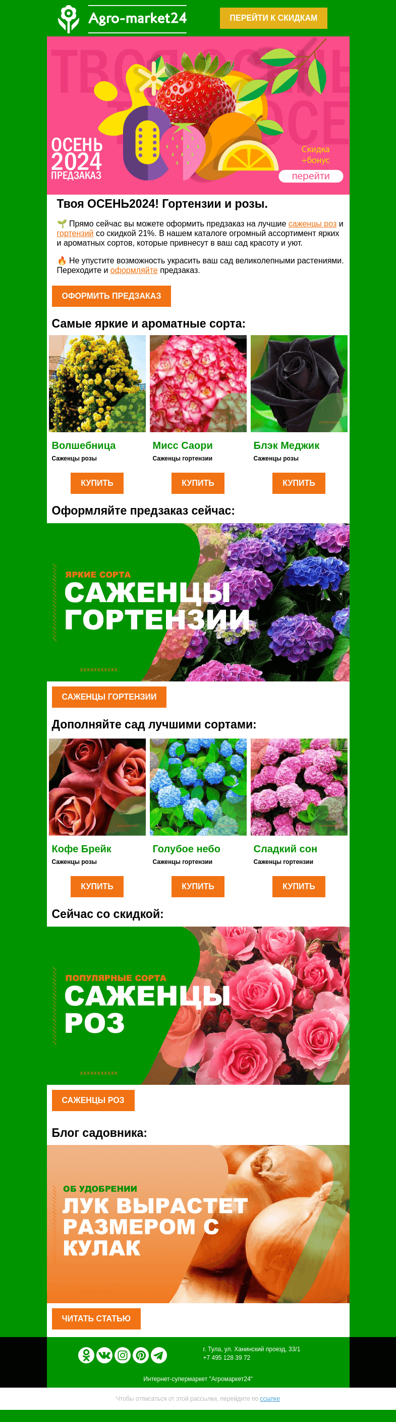 Письмо компании «Agromarket24» на тему «🌹🌱 Твоя ОСЕНЬ2024! Саженцы роз и гортензий со скидкой в предзаказе.»