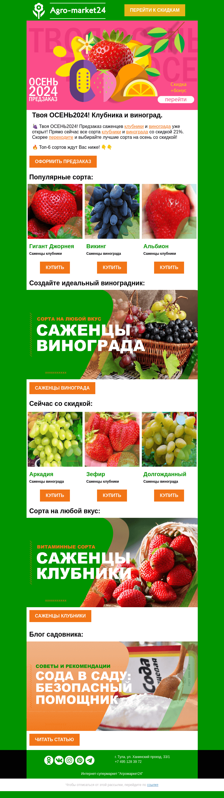 Письмо компании «Agromarket24» на тему «🍓🍇 Твоя ОСЕНЬ2024! Клубника и виноград со скидкой в предзаказе.»