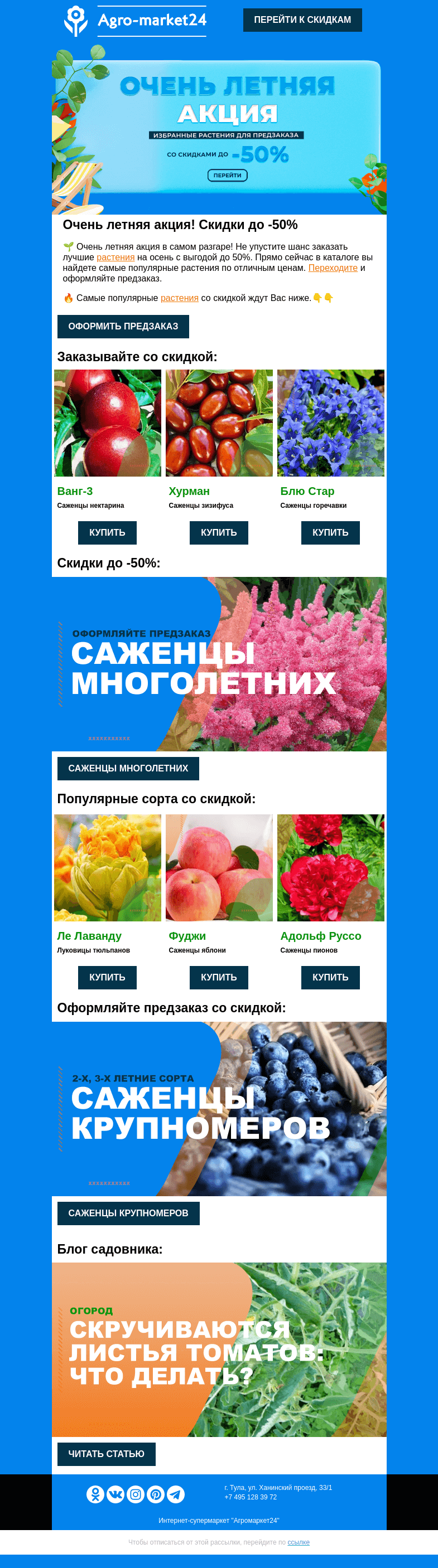 Письмо компании «Agromarket24» на тему «🔥😍 Очень летняя акция в самом разгаре! До -50% на избранные растения.»