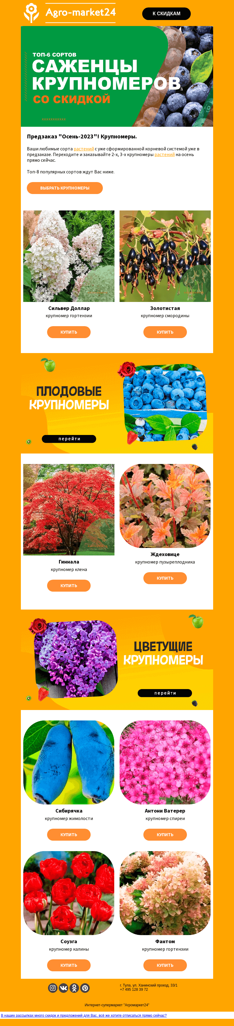 Письмо компании «Agromarket24» на тему «😱🌱 Крупномеры в предзаказе! Популярные 2-х, 3-х летние сорта для Вашего сада.»
