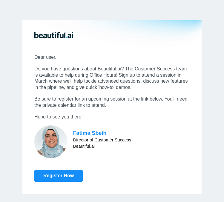 Письмо компании «Beautiful.ai» на тему «Register for March Office Hours»