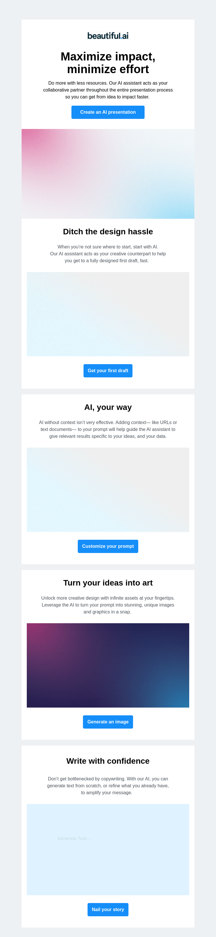 Письмо компании «Beautiful.ai» на тему «Smart, faster, more impactful presentations with AI»
