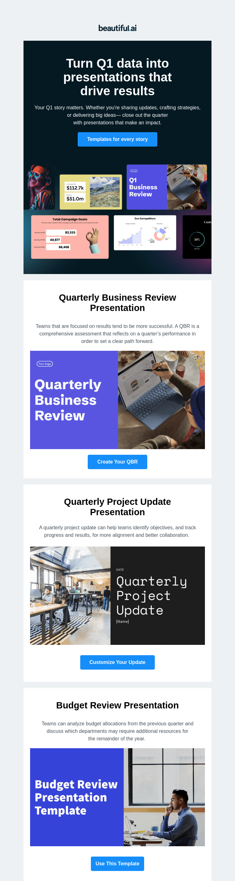 Письмо компании «Beautiful.ai» на тему «Close out Q1 with presentation templates that deliver»