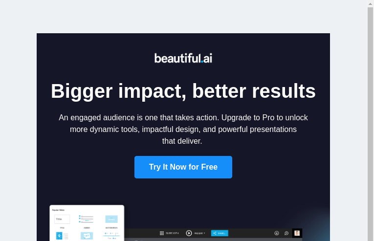 Письмо компании «Beautiful.ai» на тему «Boost engagement with more powerful presentations»