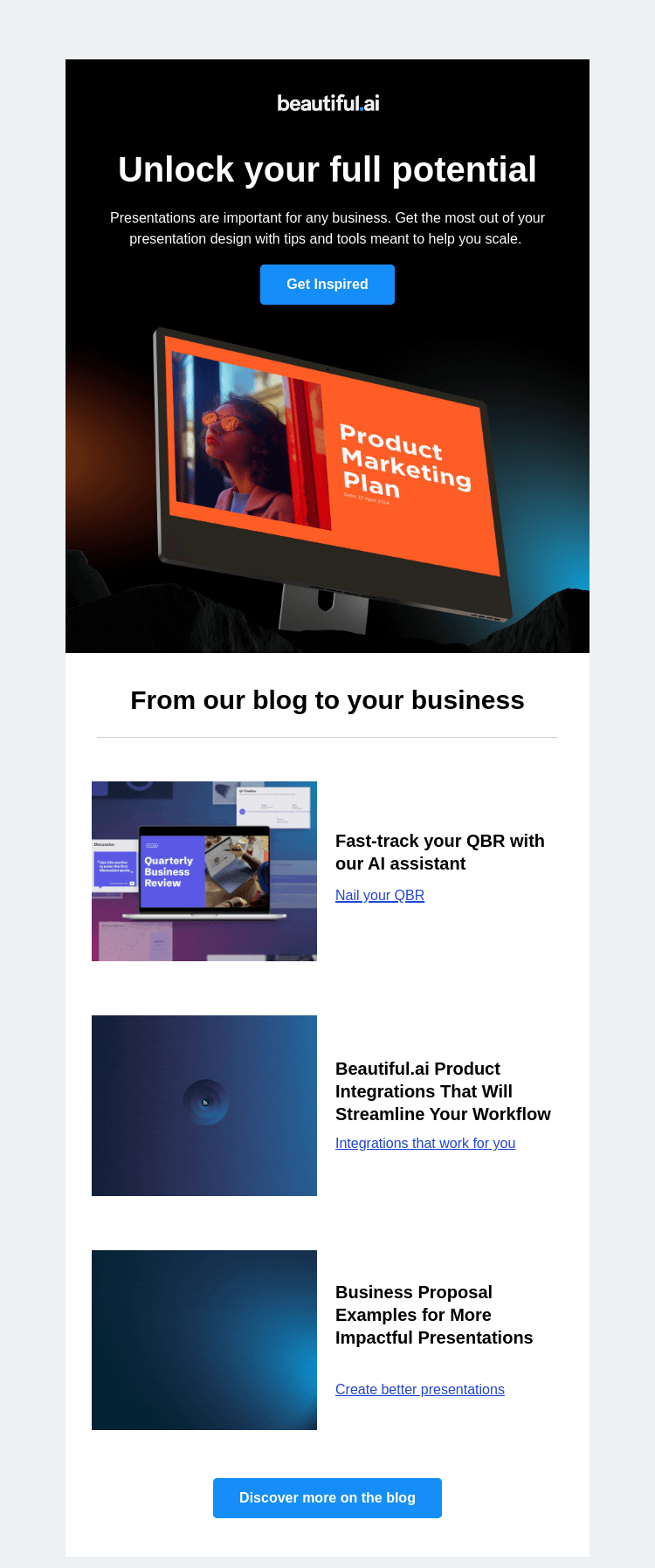 Письмо компании «Beautiful.ai» на тему «Presentation tips and tools to scale your business»