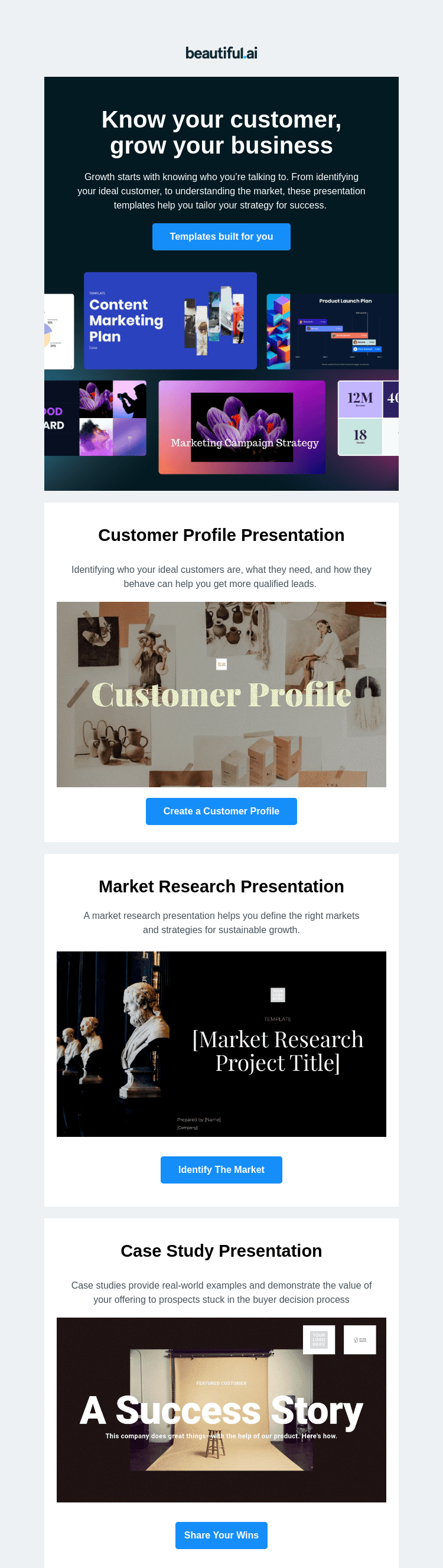 Письмо компании «Beautiful.ai» на тему «Flexible templates for every touchpoint»