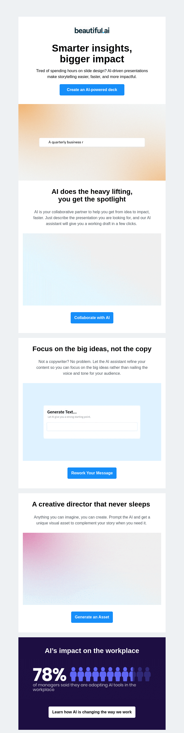 Письмо компании «Beautiful.ai» на тему «Make every slide smarter with AI»