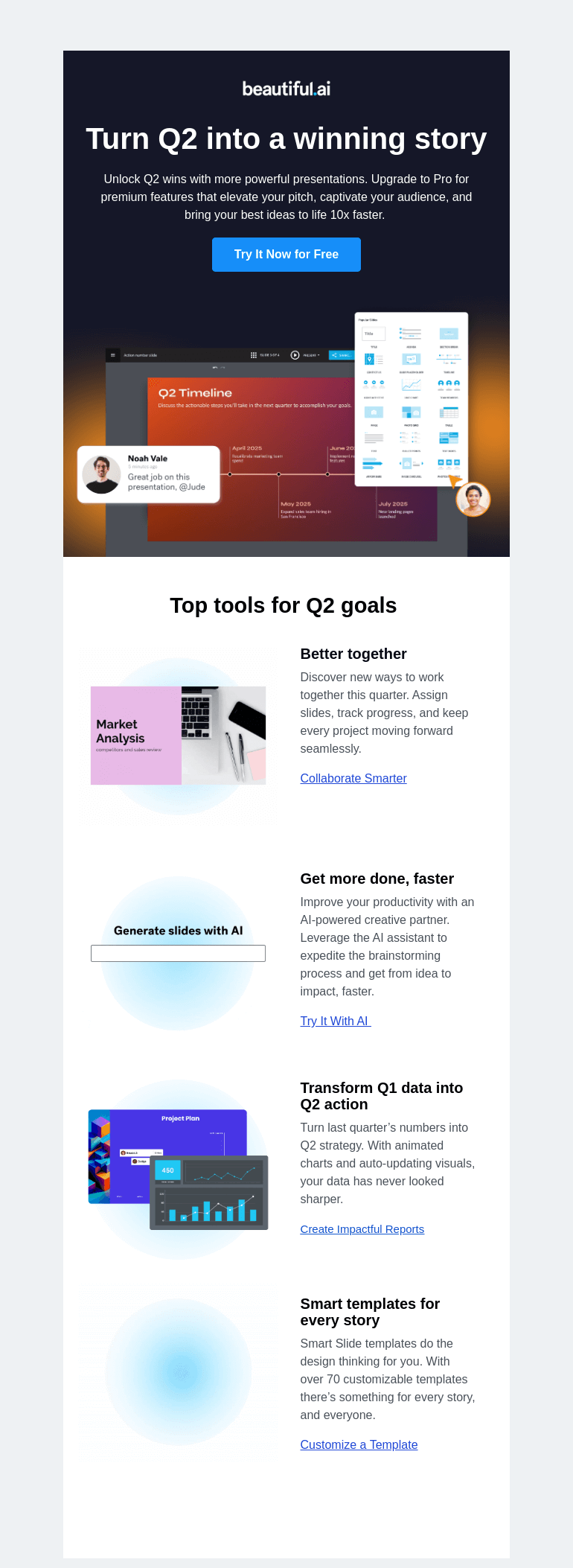 Письмо компании «Beautiful.ai» на тему «Q2 success starts with better presentations»