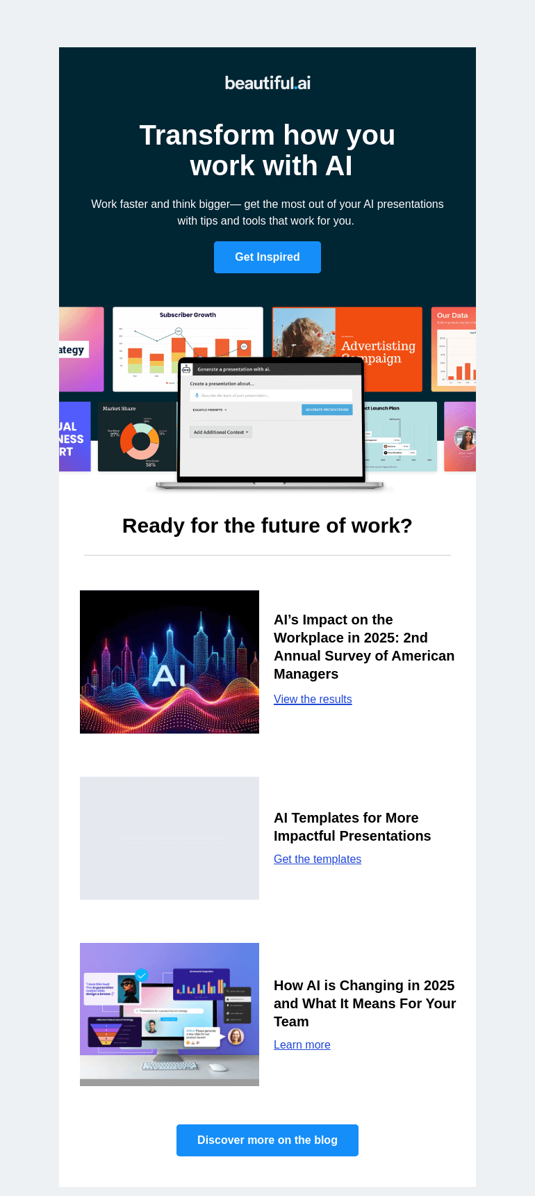 Письмо компании «Beautiful.ai» на тему «Transform Your Presentations with AI-Powered Tips»