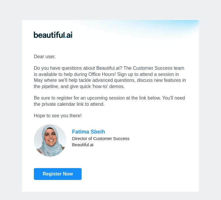 Письмо компании «Beautiful.ai» на тему «Register for May Office Hours»