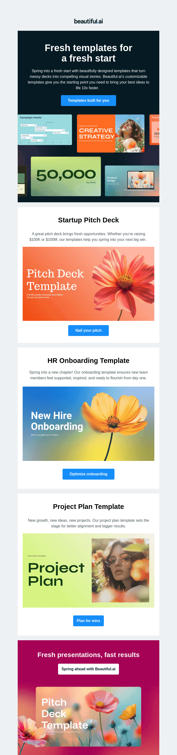 Письмо компании «Beautiful.ai» на тему «Give your presentations the refresh they deserve»
