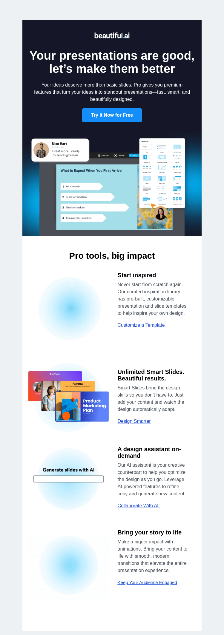 Письмо компании «Beautiful.ai» на тему «Your next best presentation is waiting »