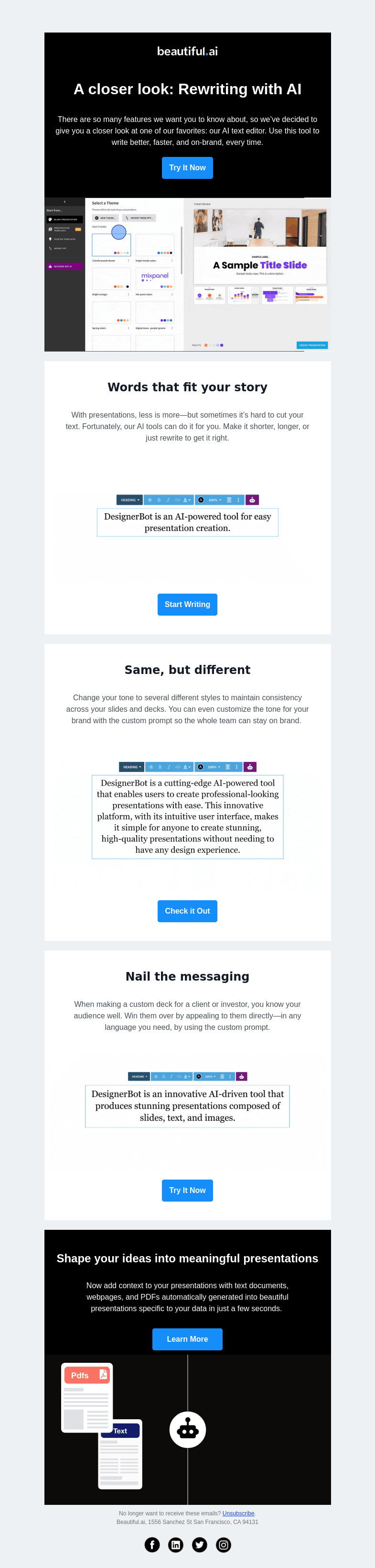 Письмо компании «Beautiful.ai» на тему «Dive deeper into AI rewriting with Beautiful.ai»