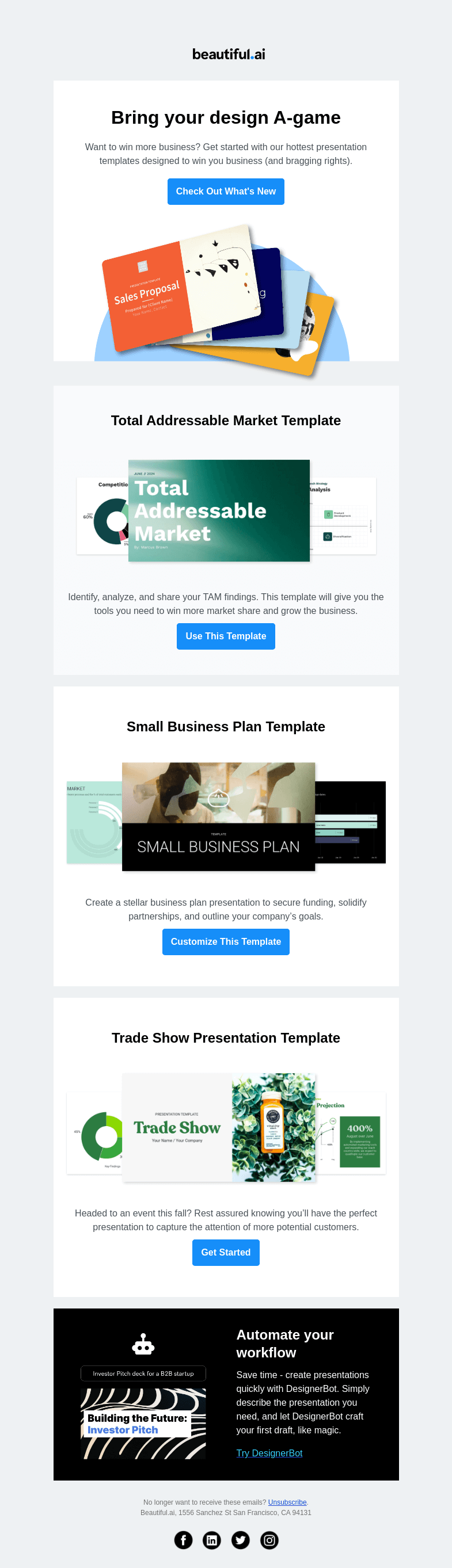 Письмо компании «Beautiful.ai» на тему «These templates mean business »