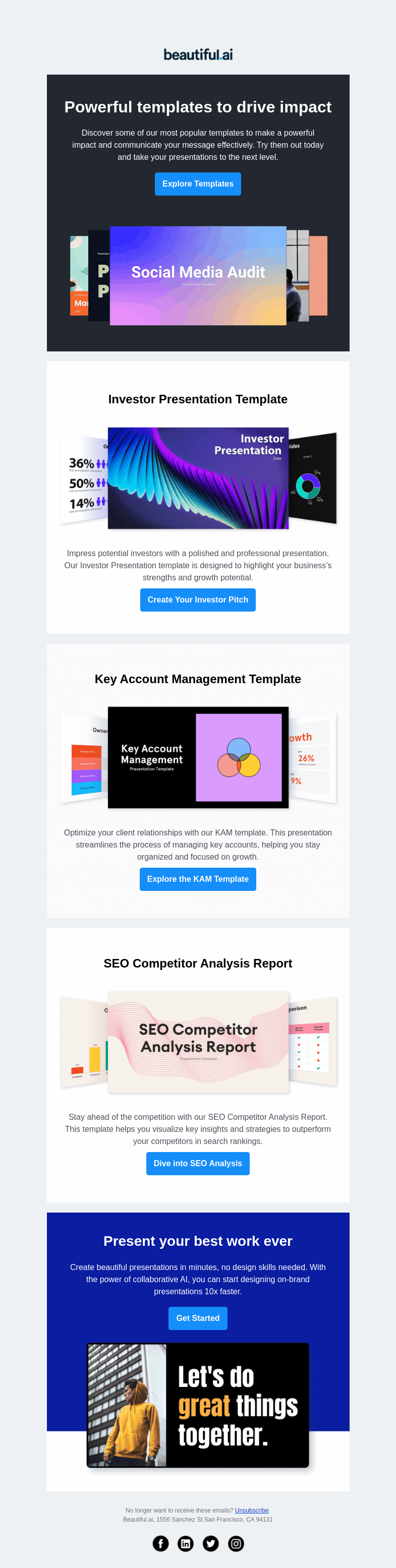 Письмо компании «Beautiful.ai» на тему «Hit your next presentation out of the park»