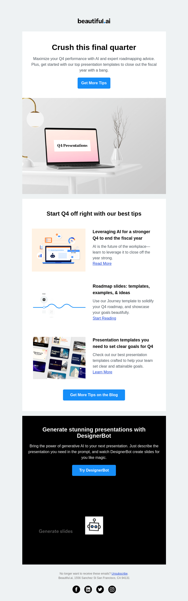 Письмо компании «Beautiful.ai» на тему «Tips to crush Q4 and end 2023 strong »