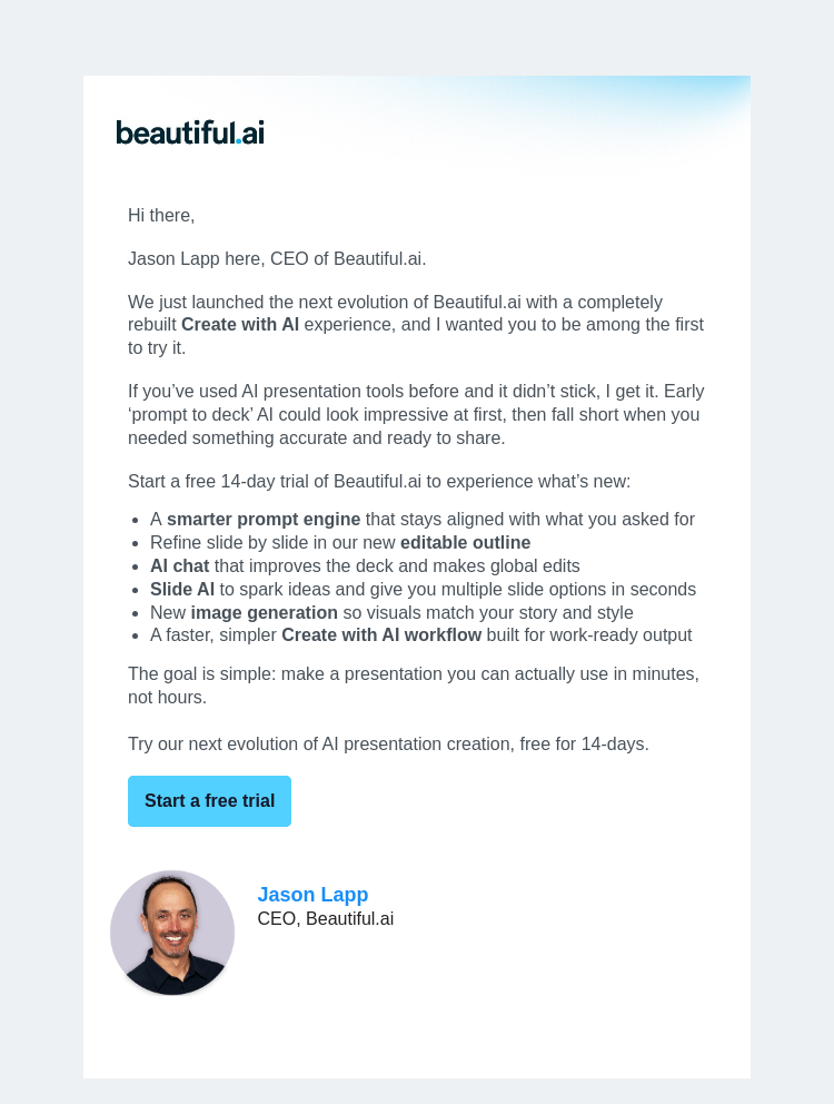 Письмо компании «Beautiful.ai» на тему «A launch announcement from our CEO»