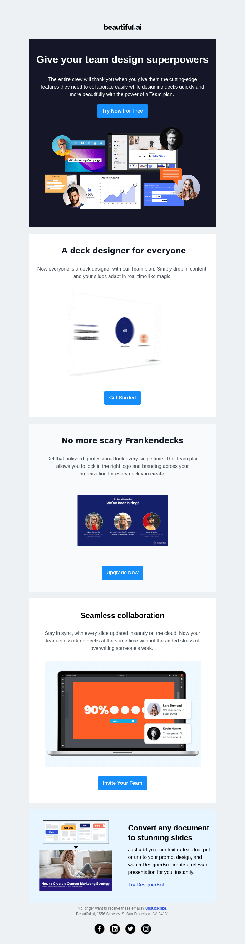 Письмо компании «Beautiful.ai» на тему «Boost your crew when you try a Team plan for free»