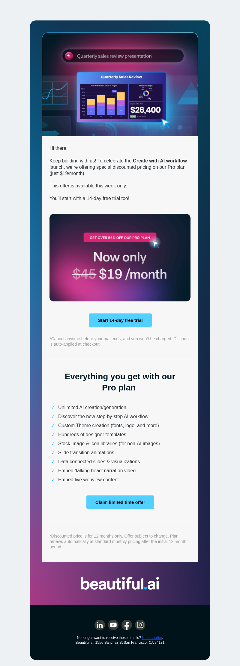 Письмо компании «Beautiful.ai» на тему «A very special offer on our Pro plan»