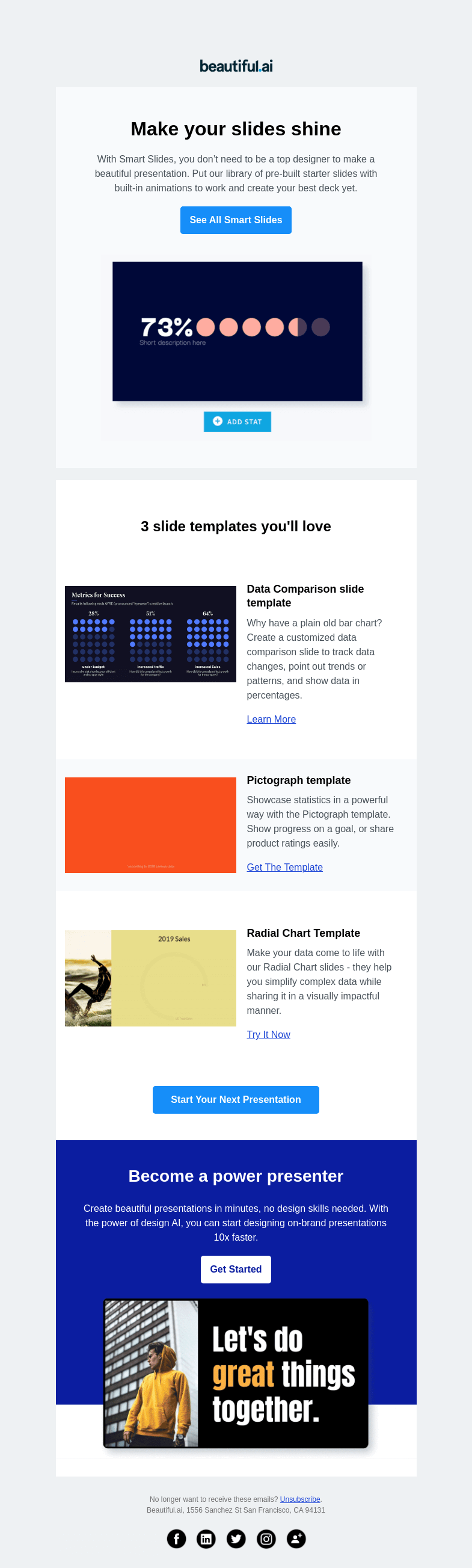 Письмо компании «Beautiful.ai» на тему «Elevate your deck with these top Smart Slides»