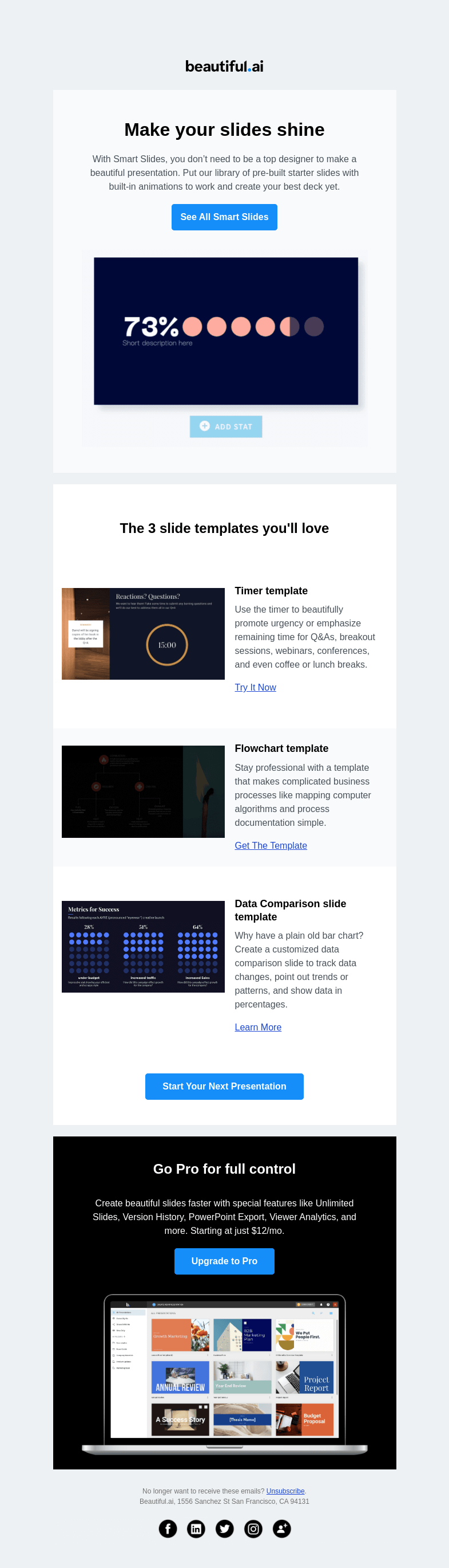 Письмо компании «Beautiful.ai» на тему «Go from boring to brilliant with our best features»