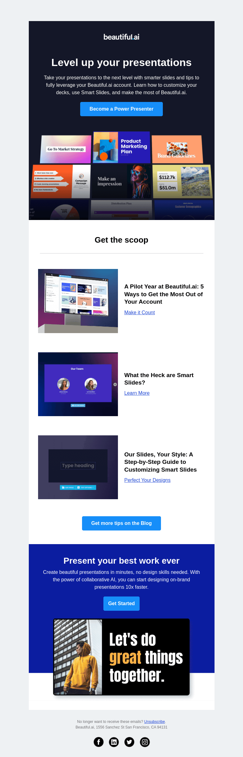 Письмо компании «Beautiful.ai» на тему «Maximize your Beautiful.ai experience with Smart Slides & more»