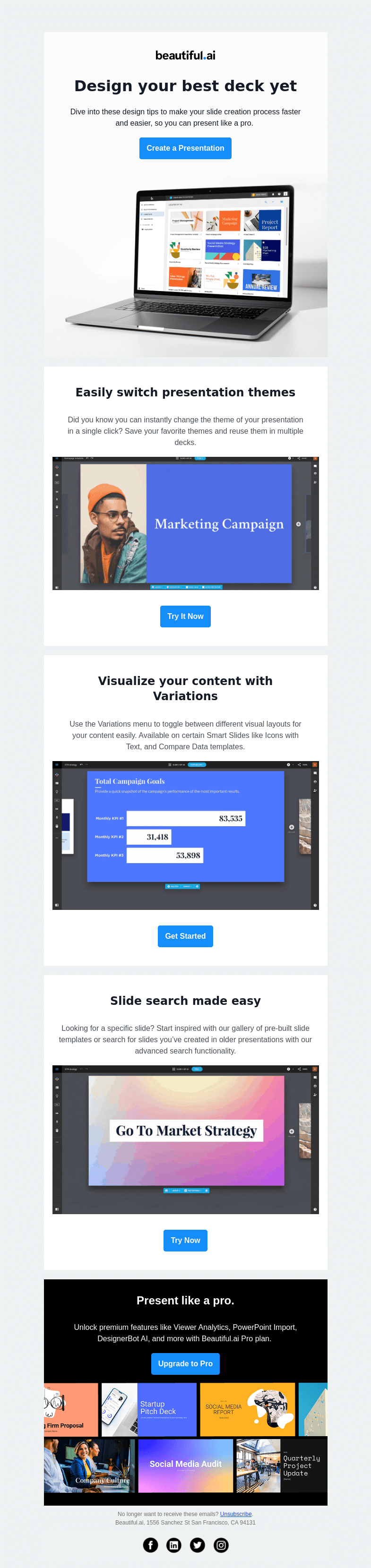 Письмо компании «Beautiful.ai» на тему «Hot tips to level up your slides »