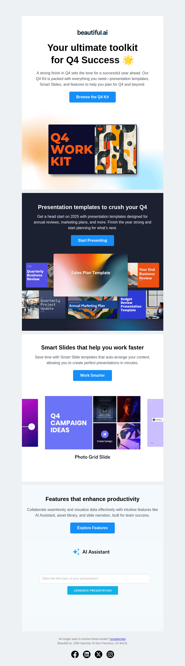 Письмо компании «Beautiful.ai» на тему «Get ready to crush Q4 with our success kit»