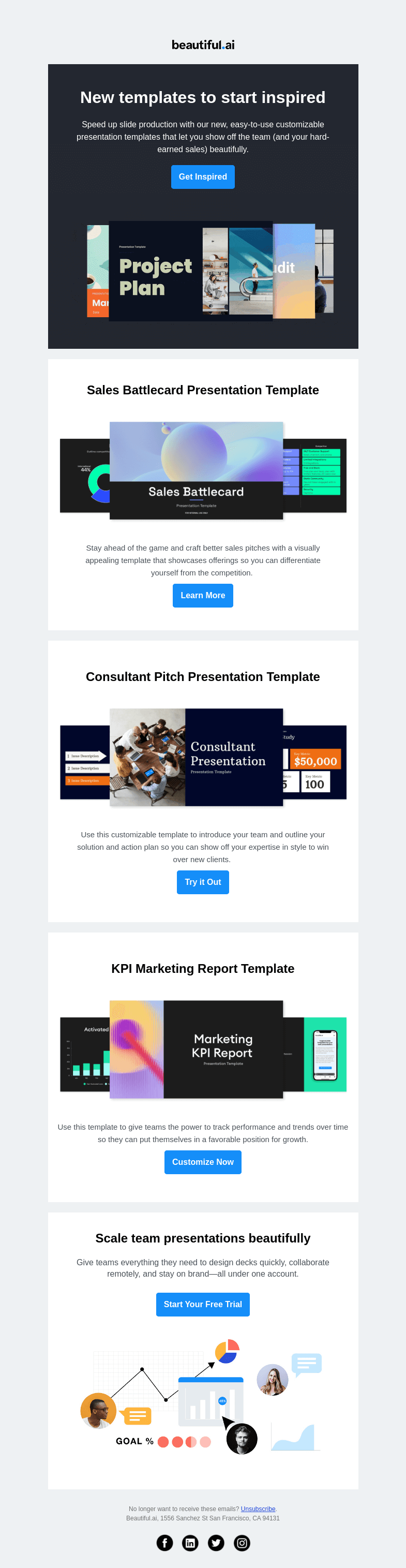 Письмо компании «Beautiful.ai» на тему «Keep decks fresh + easy with new templates»