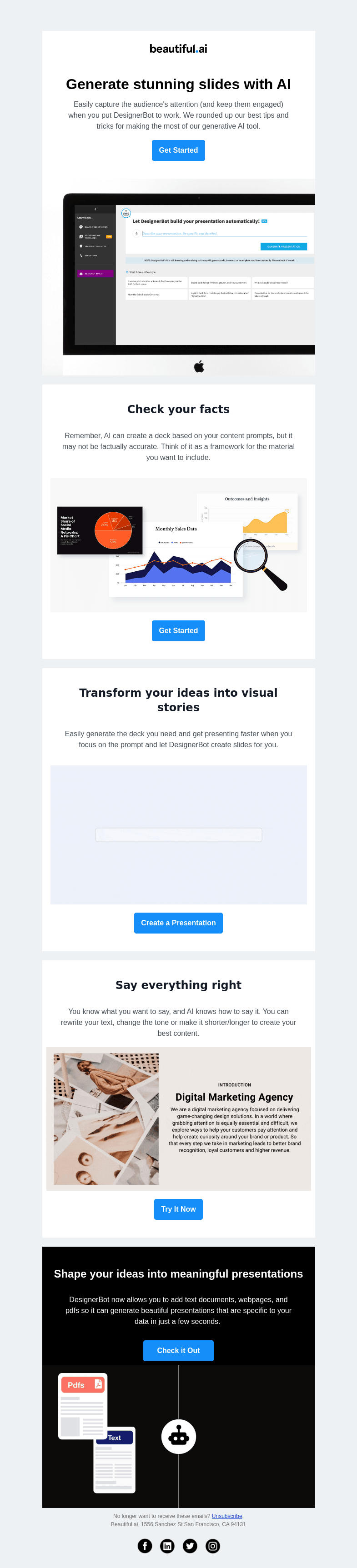 Письмо компании «Beautiful.ai» на тему «Unlock the full potential of your decks with DesignerBot»