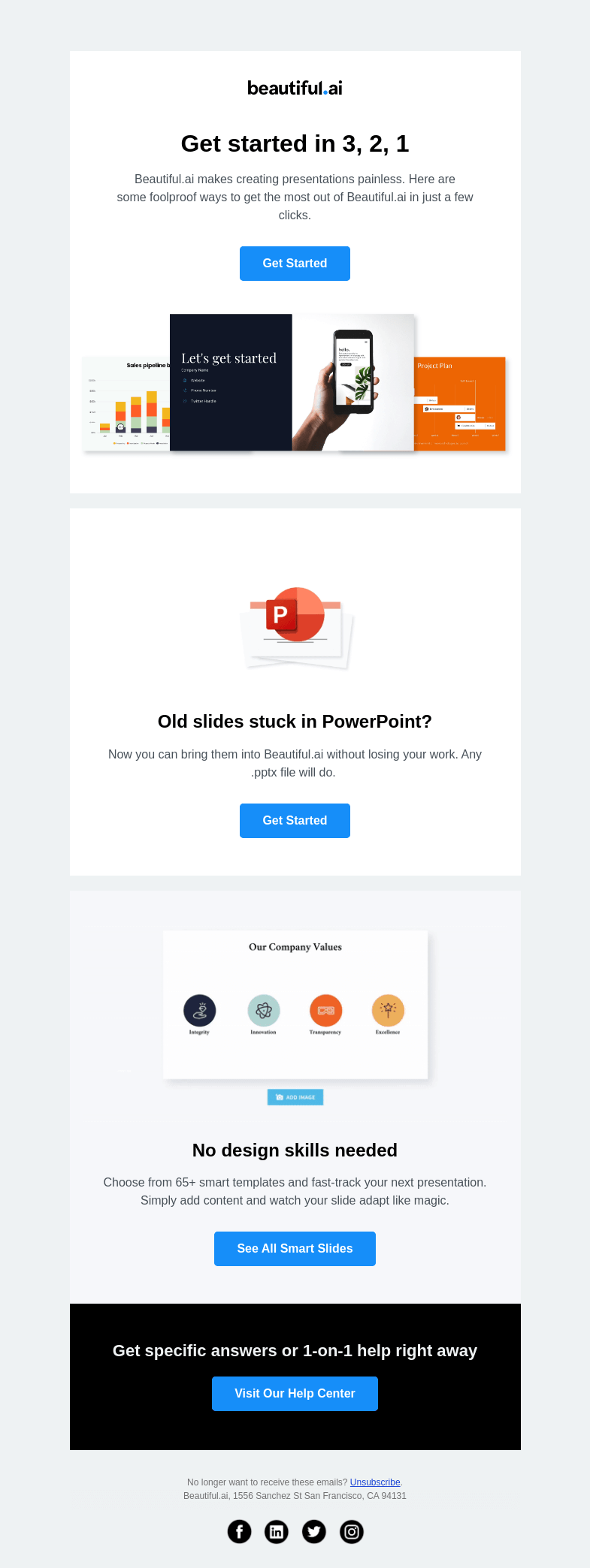 Письмо компании «Beautiful.ai» на тему «Creating presentations doesn't have to suck...»
