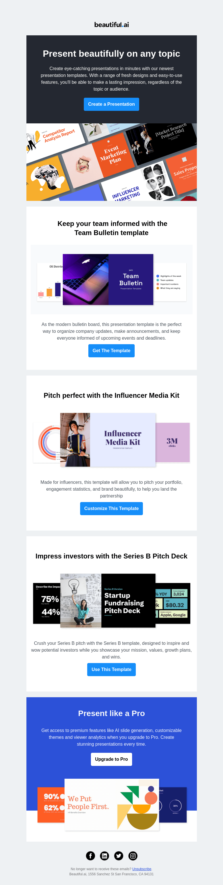 Письмо компании «Beautiful.ai» на тему «Ready to create? Easy as 1, 2, »
