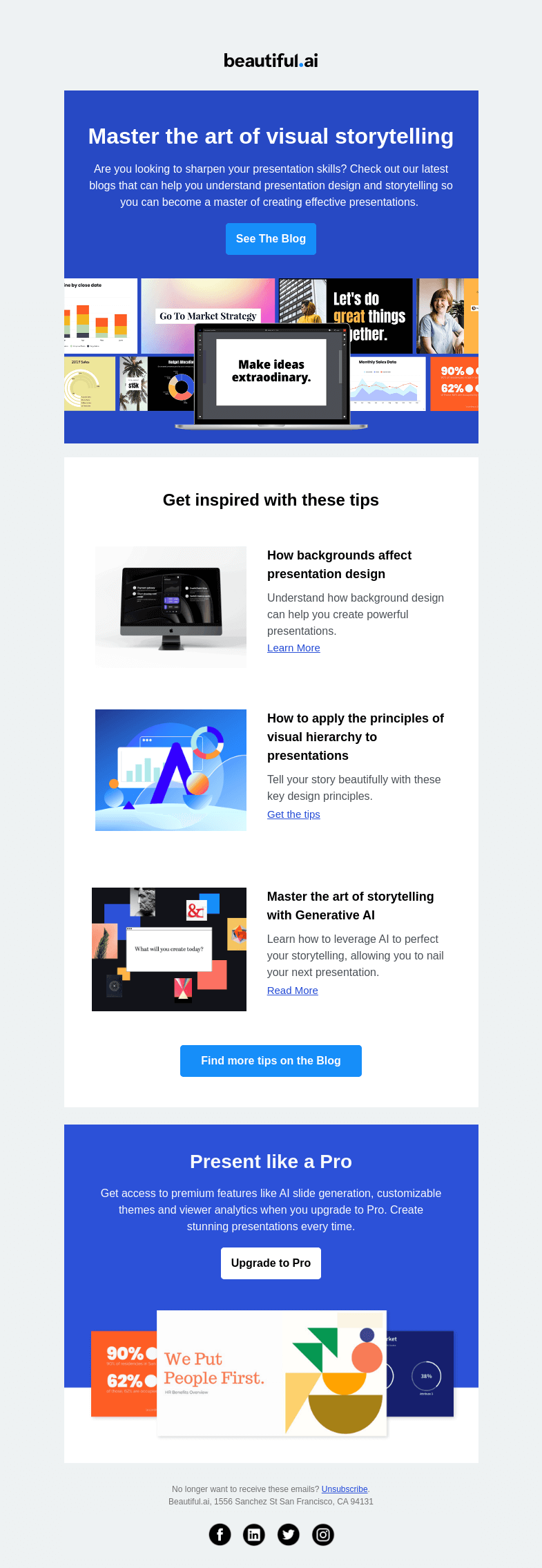 Письмо компании «Beautiful.ai» на тему «Become a presentation master with these tips »