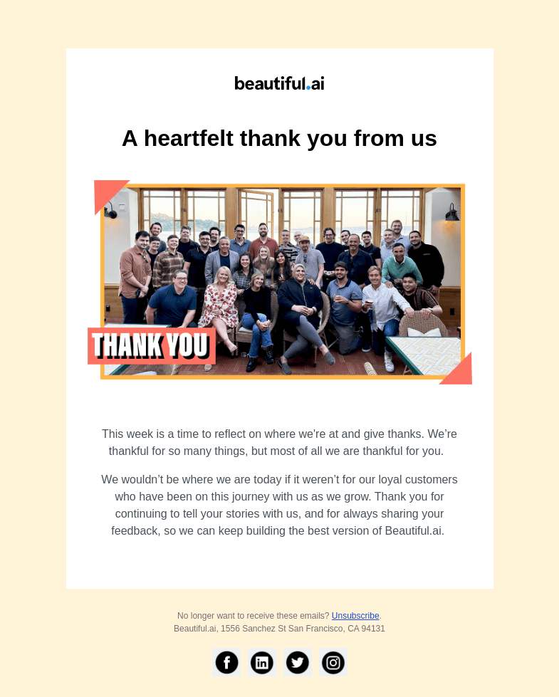 Письмо компании «Beautiful.ai» на тему «From Beautiful.ai, thank you! »