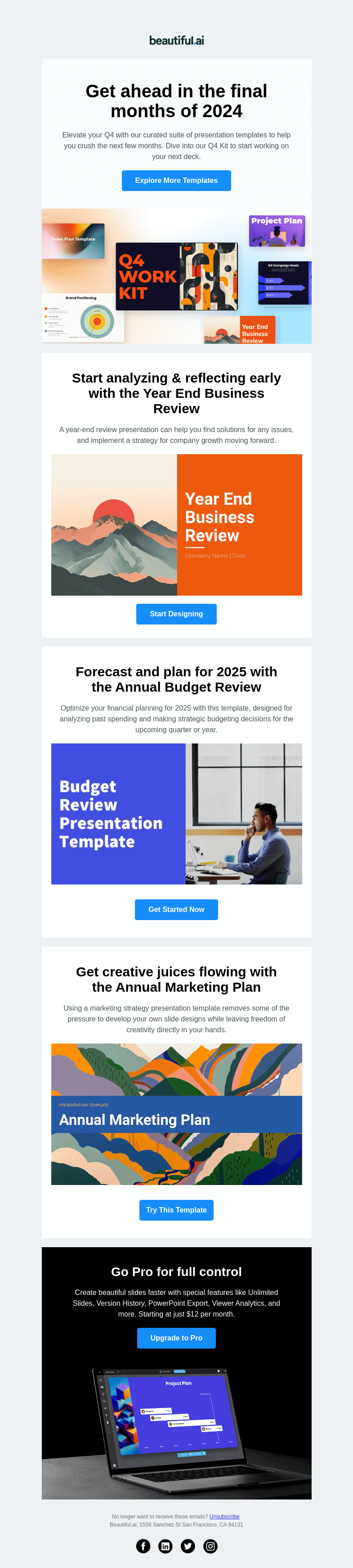 Письмо компании «Beautiful.ai» на тему «Check out our Q4 templates to crush your next deck»