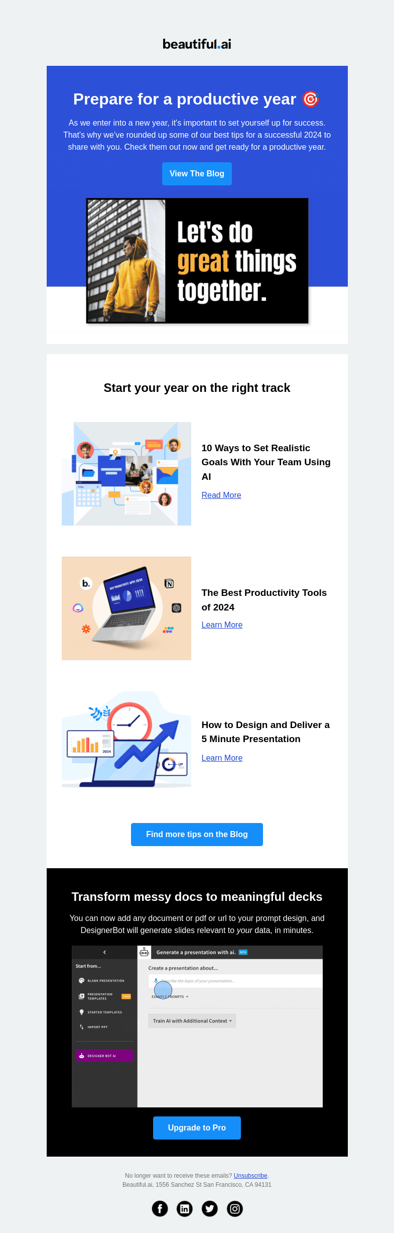 Письмо компании «Beautiful.ai» на тему «Set yourself up for success in 2024»