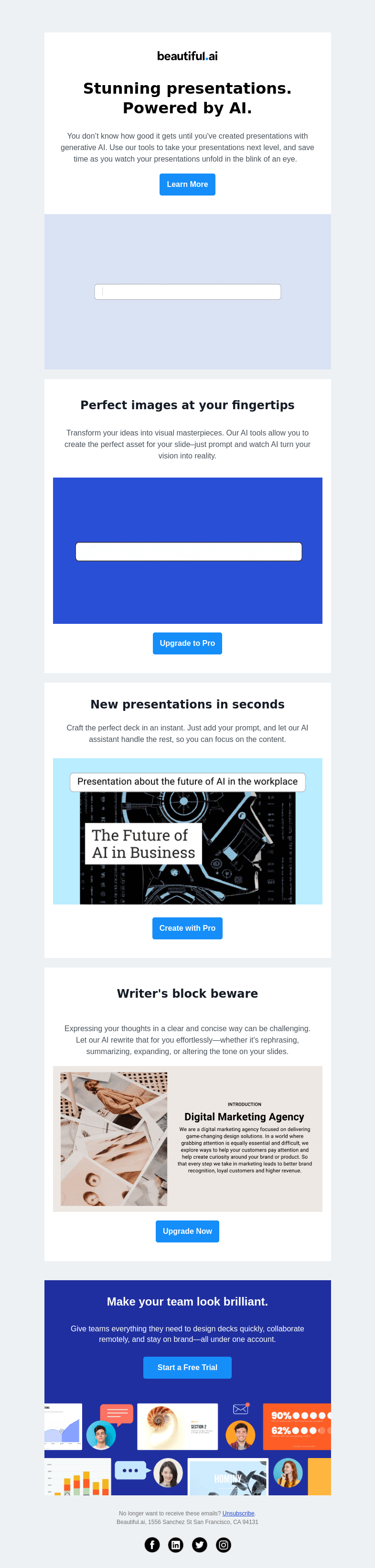 Письмо компании «Beautiful.ai» на тему «Experience the power of AI Presentations»