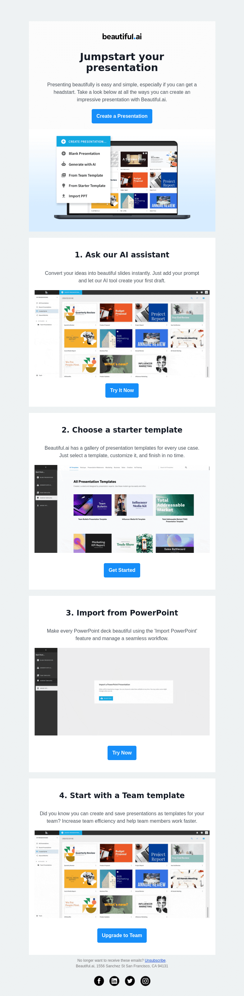 Письмо компании «Beautiful.ai» на тему «Create a presentation in 3... 2... 1...»
