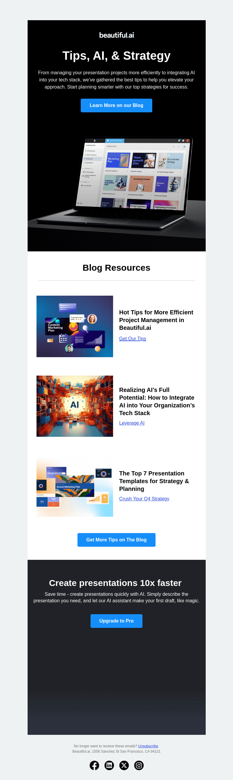 Письмо компании «Beautiful.ai» на тему «Maximize your presentation strategy with AI & smart tips»
