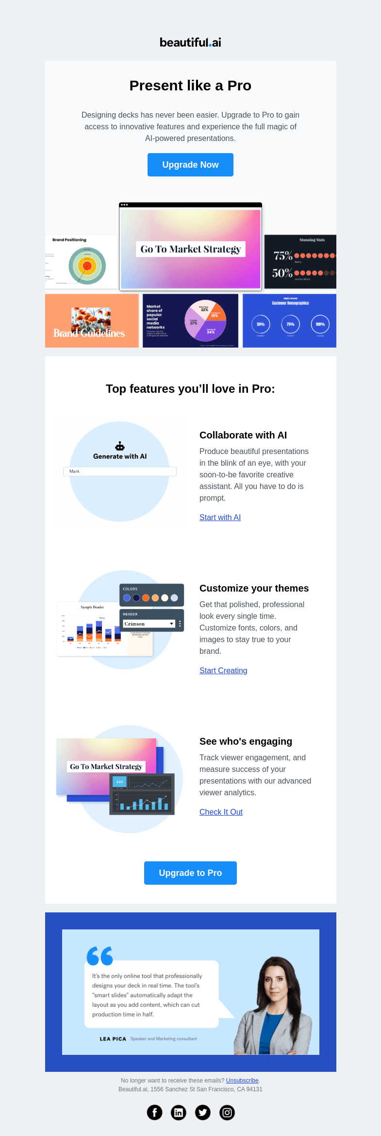 Письмо компании «Beautiful.ai» на тему «Design decks like a Pro (even if »