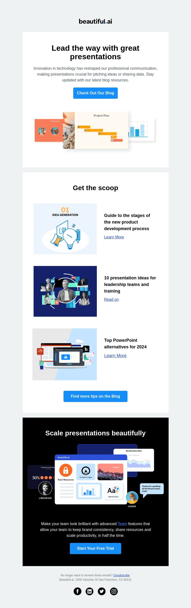 Письмо компании «Beautiful.ai» на тему «The latest in presentations, strategy, and team building»