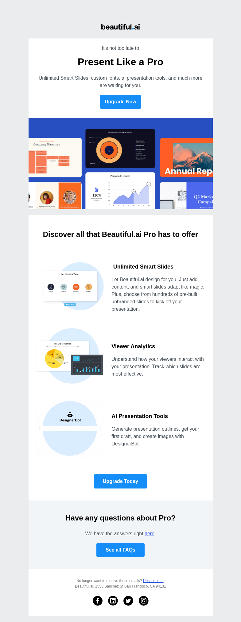 Письмо компании «Beautiful.ai» на тему «Upgrade to Pro today to get Premium Features»